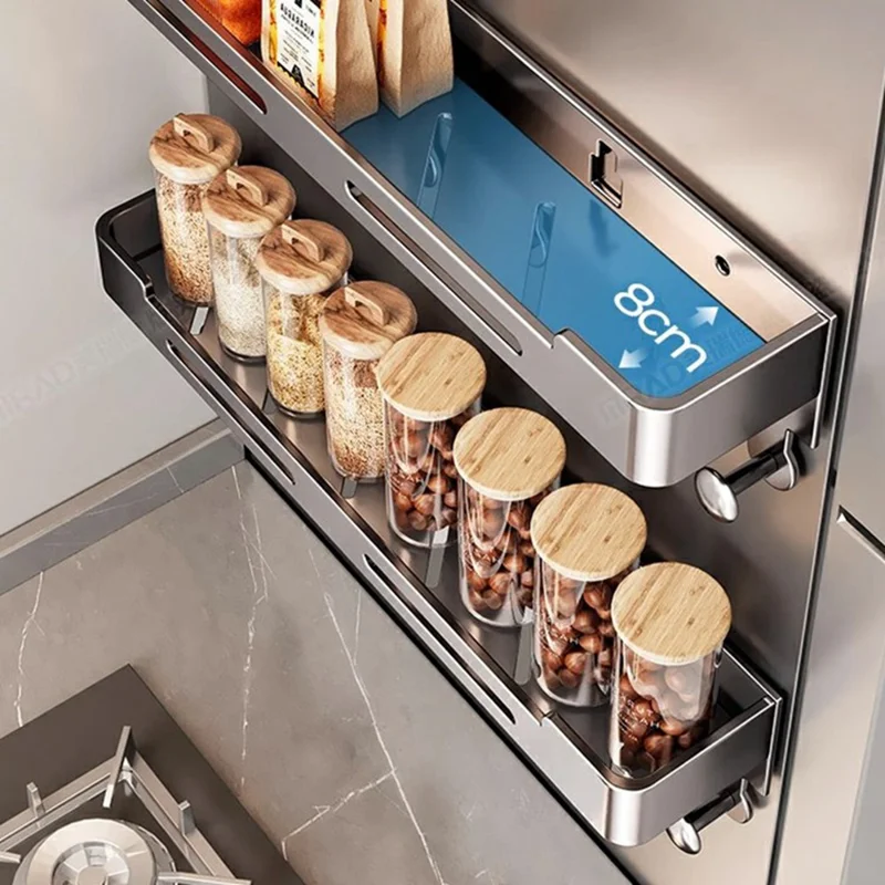 Magnetic Spice Rack for Refrigerator Carbon Steel Seasoning Shelf with 6 Hooks - Grey