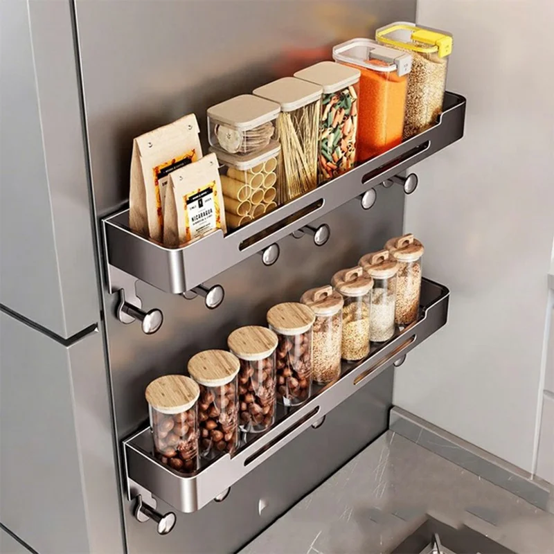Magnetic Spice Rack for Refrigerator Carbon Steel Seasoning Shelf with 6 Hooks - Grey
