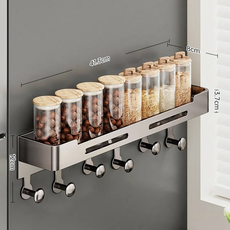 Magnetic Spice Rack for Refrigerator Carbon Steel Seasoning Shelf with 6 Hooks - Grey