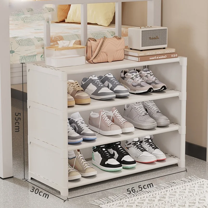 4 Tier 56.5cm Shoe Rack Space Saving Slim Under Desk Dorm Storage Organizer Multi-Function Dustproof - White