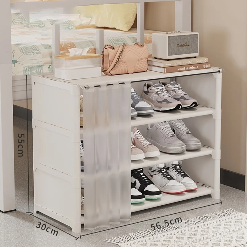 4 Tier 56.5cm Shoe Rack Space Saving Slim Under Desk Dorm Dustproof Storage Organizer with Curtain - White