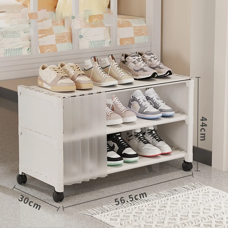 3-Tier 56.5cm Shoe Rack with Wheels and Dust Curtain Space Saving Storage Organizer For Dorm Bedroom Entryway - White