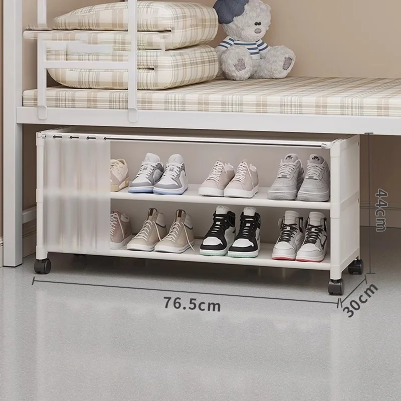 3 Tier 76.5cm Shoe Rack Space Saving Under Bed Dust-Proof Storage Organizer with Wheels and Curtain - White