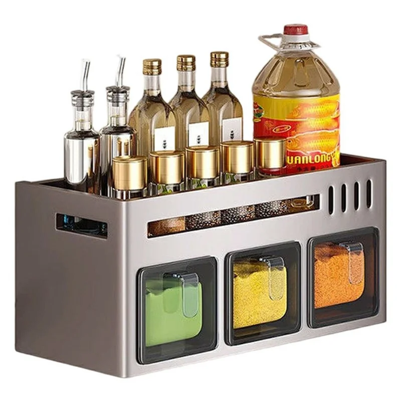 27.5cm Single Tier Adhesive Wall Mount Spice Organizer with 3 Containers, Kitchen Shelf Seasoning Storage Rack for Home