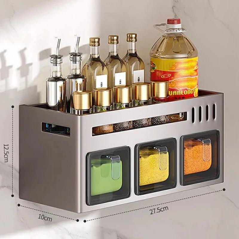 27.5cm Single Tier Adhesive Wall Mount Spice Organizer with 3 Containers, Kitchen Shelf Seasoning Storage Rack for Home