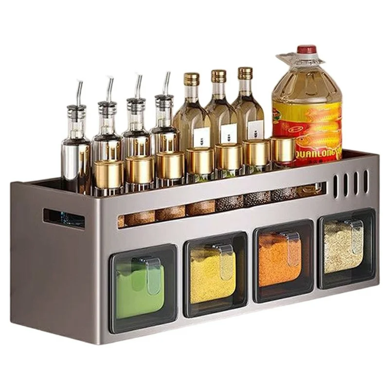 36cm Single Tier Adhesive Wall Mount Spice Organizer with 4 Containers, Kitchen Shelf Seasoning Storage Rack for Home