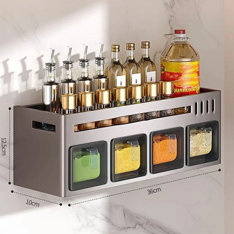 36cm Single Tier Adhesive Wall Mount Spice Organizer with 4 Containers, Kitchen Shelf Seasoning Storage Rack for Home
