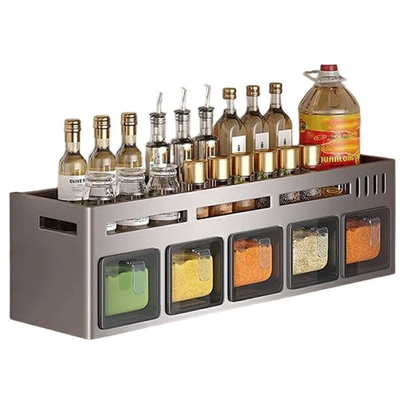 44.5cm Single Tier Adhesive Wall Mount Spice Organizer with 5 Containers, Kitchen Shelf Seasoning Storage Rack for Home