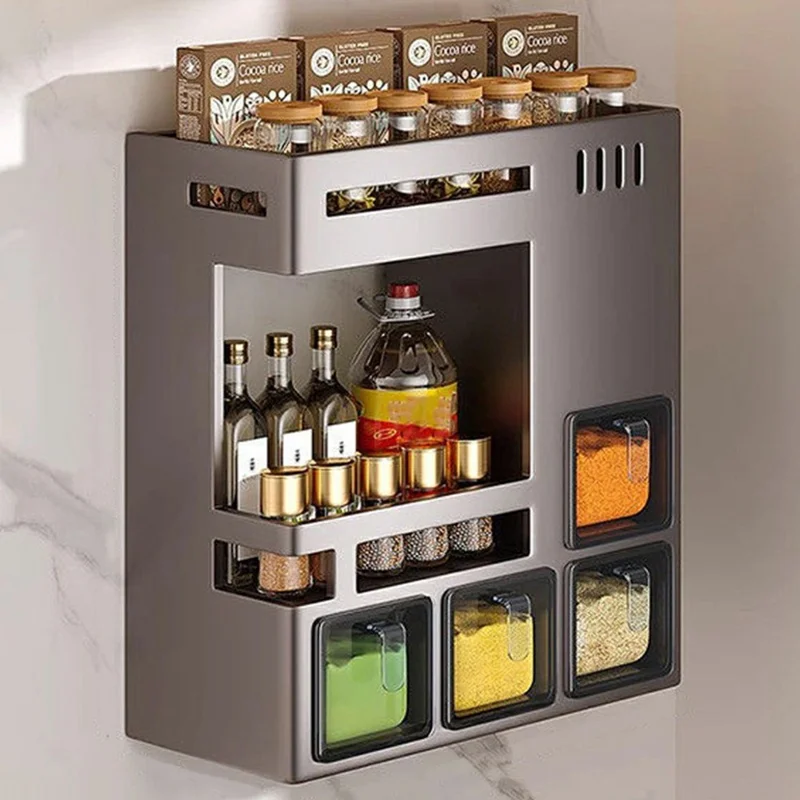 27.5cm 2-Tier Adhesive Wall Mount Spice Organizer with 4 Containers, Kitchen Shelf Seasoning Storage Rack for Home