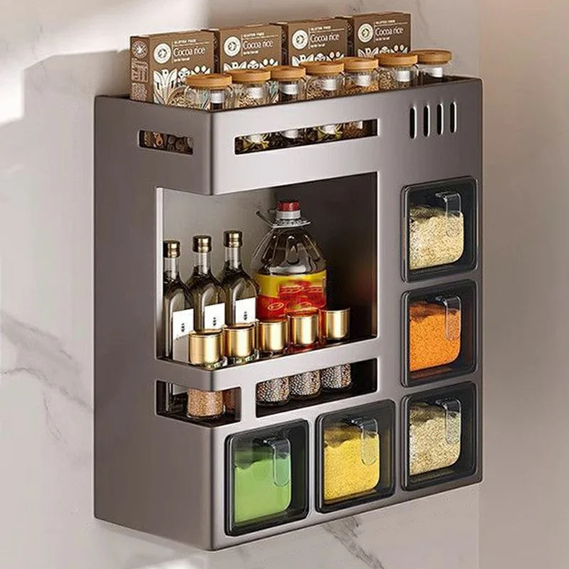 27.5cm 2-Tier Adhesive Wall Mount Spice Organizer with 5 Containers, Kitchen Shelf Seasoning Storage Rack for Home