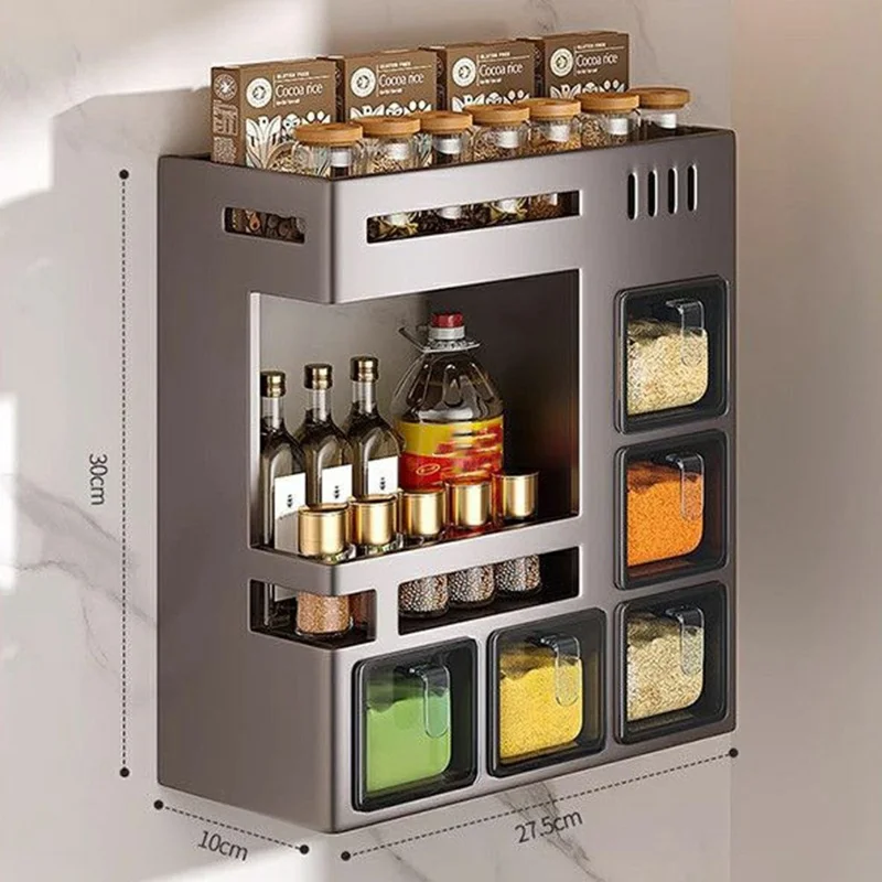 27.5cm 2-Tier Adhesive Wall Mount Spice Organizer with 5 Containers, Kitchen Shelf Seasoning Storage Rack for Home