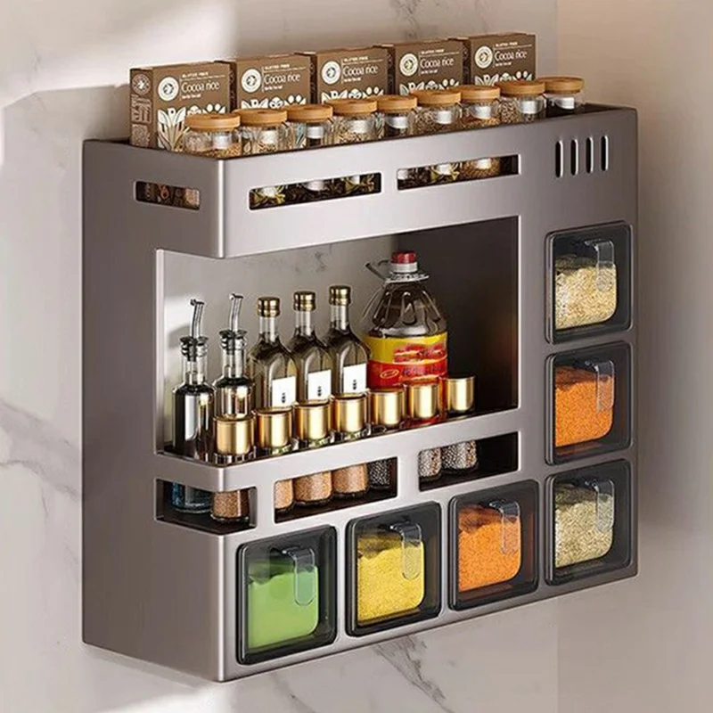 36cm 2-Tier Adhesive Wall Mount Spice Organizer with 6 Containers, Kitchen Shelf Seasoning Storage Rack for Home