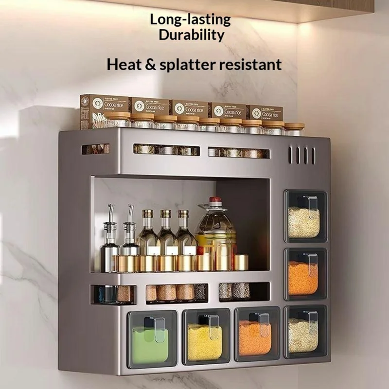 36cm 2-Tier Adhesive Wall Mount Spice Organizer with 6 Containers, Kitchen Shelf Seasoning Storage Rack for Home