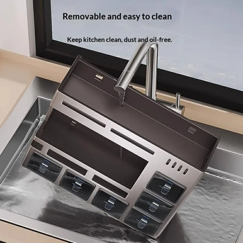 36cm 2-Tier Adhesive Wall Mount Spice Organizer with 6 Containers, Kitchen Shelf Seasoning Storage Rack for Home