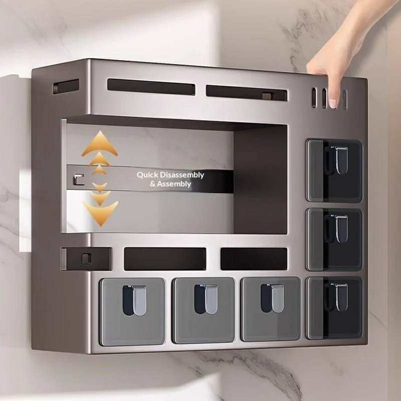 36cm 2-Tier Adhesive Wall Mount Spice Organizer with 6 Containers, Kitchen Shelf Seasoning Storage Rack for Home