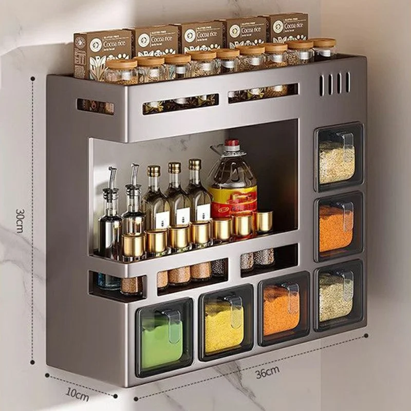 36cm 2-Tier Adhesive Wall Mount Spice Organizer with 6 Containers, Kitchen Shelf Seasoning Storage Rack for Home