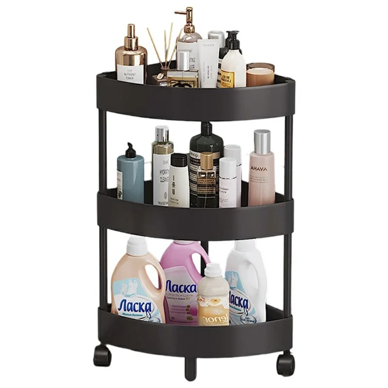 3-уровневая угловая полка для хранения, органайзер для ванной и кухни с колесиками, треугольная напольная стойка, экономия места - Черный
