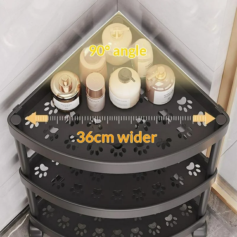 3-уровневая угловая полка для хранения, органайзер для ванной и кухни с колесиками, треугольная напольная стойка, экономия места - Черный