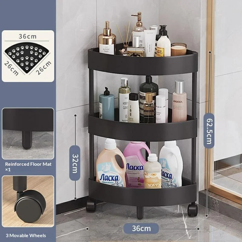 3-уровневая угловая полка для хранения, органайзер для ванной и кухни с колесиками, треугольная напольная стойка, экономия места - Черный