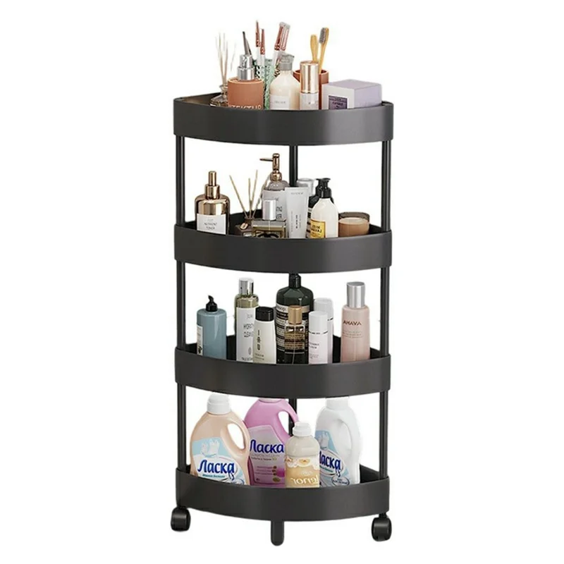 4-уровневая угловая полка для хранения, органайзер для ванной и кухни с колесиками, треугольная напольная стойка, экономия места - Черный