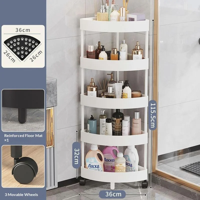 5-Tier Corner Storage Rack Bathroom Kitchen Organizer Shelf with Wheels Triangle Floor Stand Space Saving - White