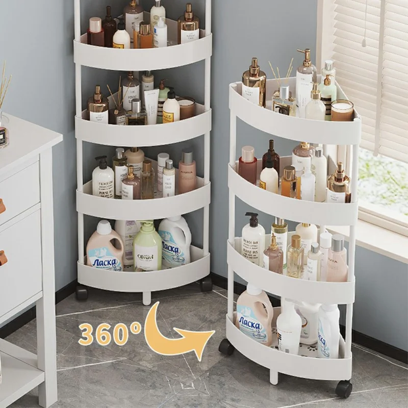 5-Tier Corner Storage Rack Bathroom Kitchen Organizer Shelf with Wheels Triangle Floor Stand Space Saving - White
