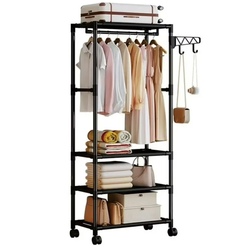 Carbon Steel Coat Rack with Wheels Multi-function 3-tier Storage Bench Clothes Hanger Shelf for Bedroom Hallway