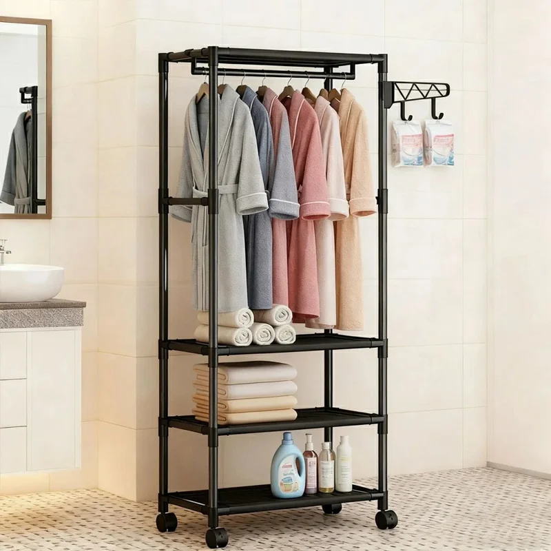 Carbon Steel Coat Rack with Wheels Multi-function 3-tier Storage Bench Clothes Hanger Shelf for Bedroom Hallway