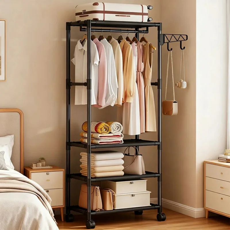 Carbon Steel Coat Rack with Wheels Multi-function 3-tier Storage Bench Clothes Hanger Shelf for Bedroom Hallway
