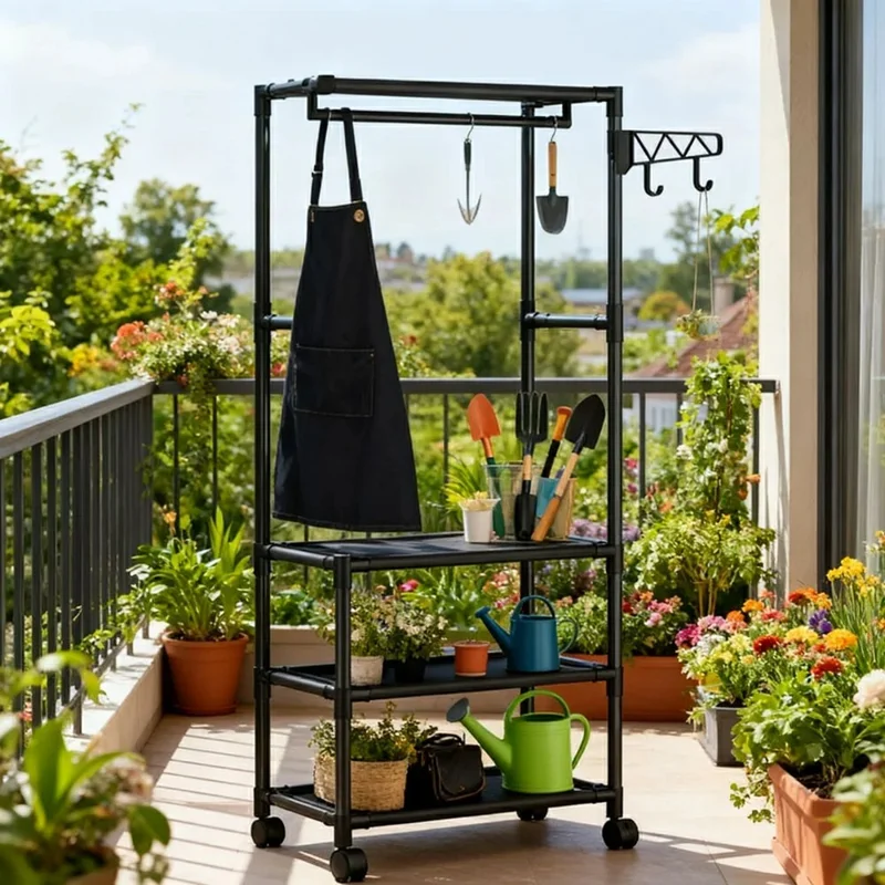 Carbon Steel Coat Rack with Wheels Multi-function 3-tier Storage Bench Clothes Hanger Shelf for Bedroom Hallway