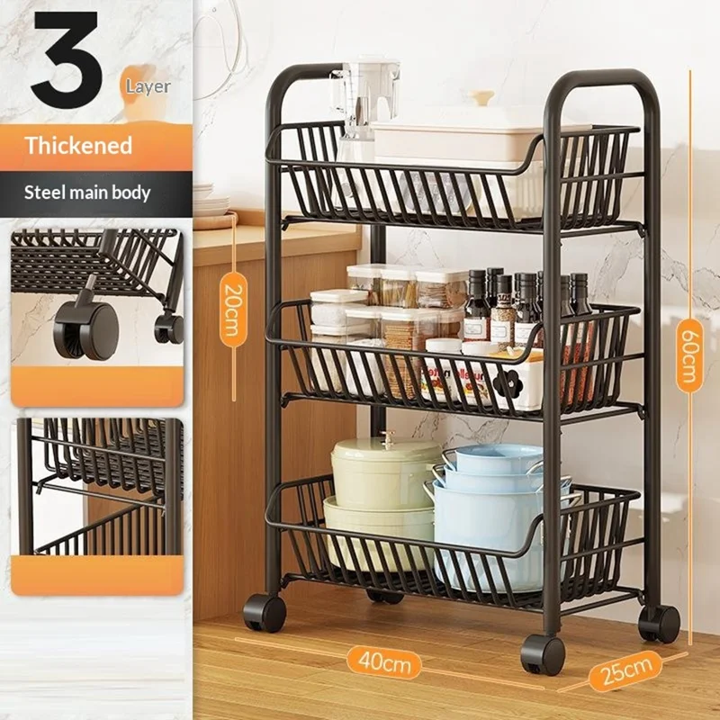 3 Tiers Storage Cart with Wheels Carbon Steel Rolling Organizer Rack for Kitchen Living Room Bedroom - Black