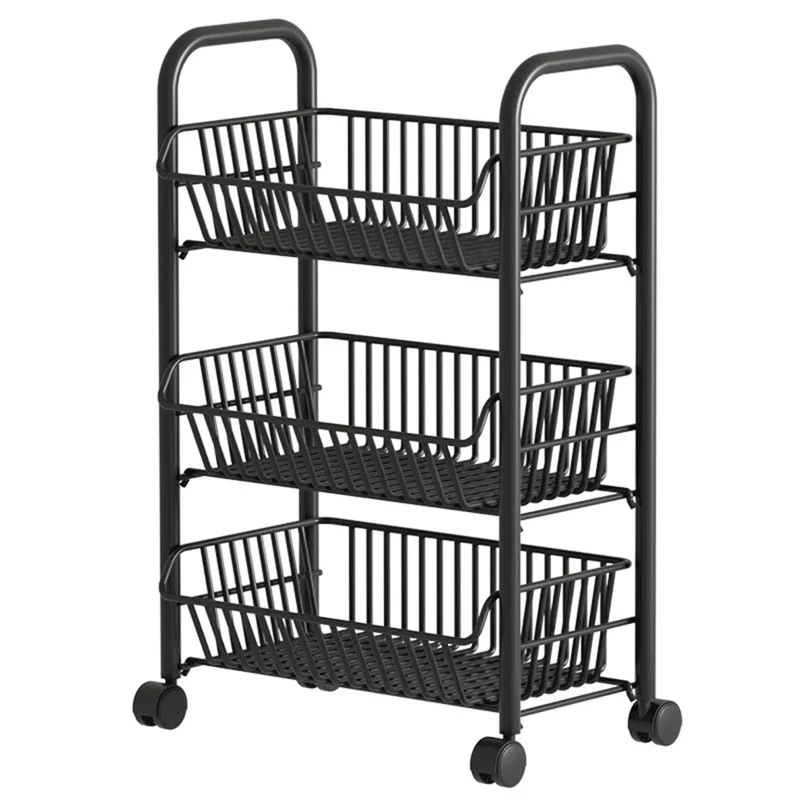 3 Tiers Storage Cart with Wheels Carbon Steel Rolling Organizer Rack for Kitchen Living Room Bedroom - Black