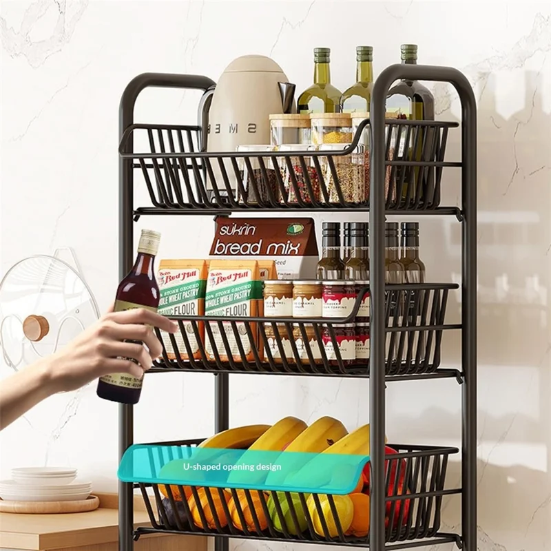 3 Tiers Storage Cart with Wheels Carbon Steel Rolling Organizer Rack for Kitchen Living Room Bedroom - Black