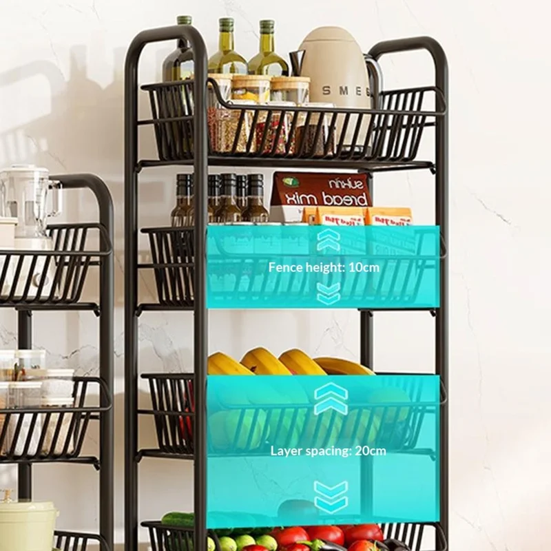 3 Tiers Storage Cart with Wheels Carbon Steel Rolling Organizer Rack for Kitchen Living Room Bedroom - Black