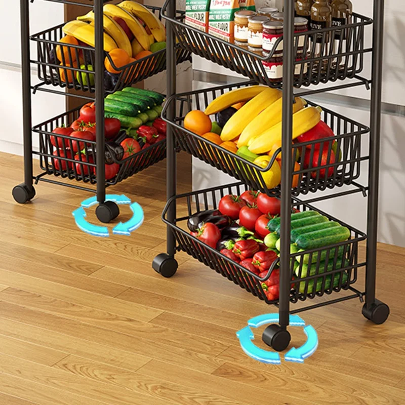 3 Tiers Storage Cart with Wheels Carbon Steel Rolling Organizer Rack for Kitchen Living Room Bedroom - Black