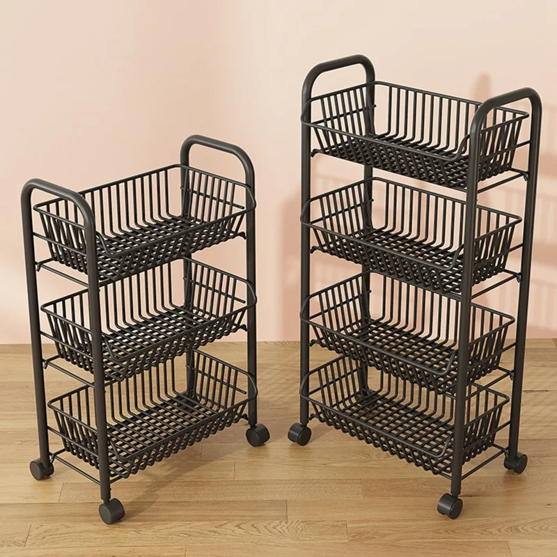 3 Tiers Storage Cart with Wheels Carbon Steel Rolling Organizer Rack for Kitchen Living Room Bedroom - Black