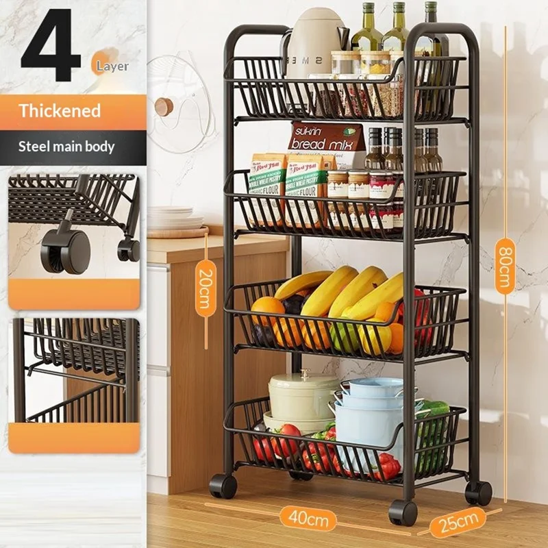Carro organizador de cocina con 4 niveles, estante estrecho con ruedas para despensa, dormitorio y baño - Negro
