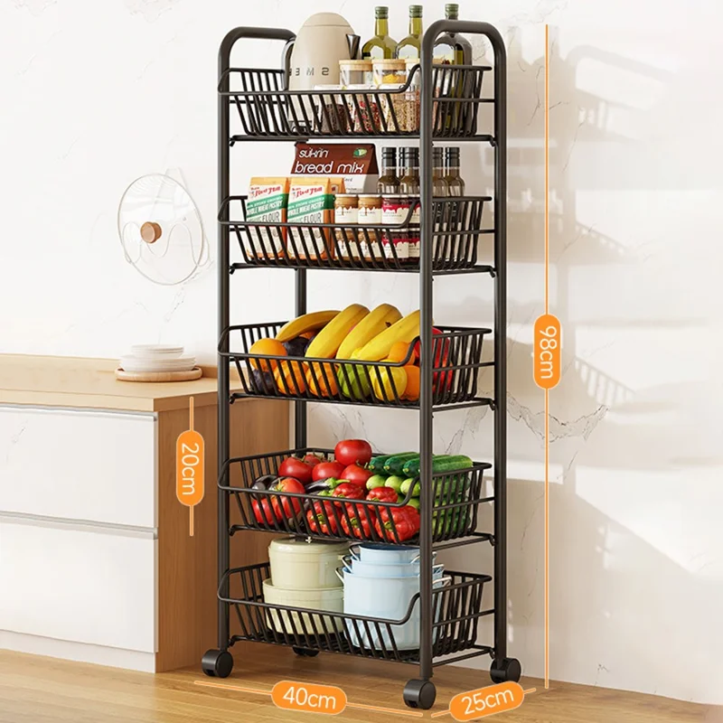 5-trins rullebar køkkenhylde opbevaringsvogn smal organiseringsrak med hjul til proviantrum soveværelse badeværelse - sort