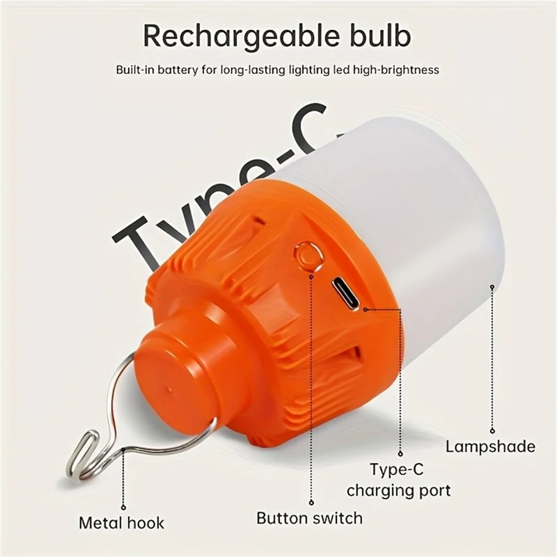 USB Rechargeable Camping Lantern Portable 3 Lighting Modes 6-LED Tent Hanging Light Bulb - Orange