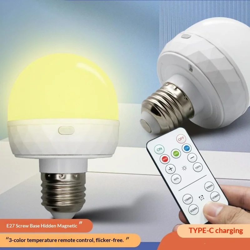 LED Mood Light Built-in 5000mAh Battery 3 Color Temperature Stepless Dimming Light Bulb with Detachable E27 Base