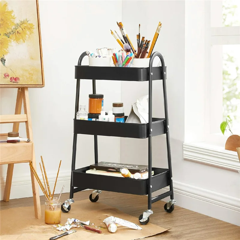 3-stufiger A-förmiger Rollwagen aus Kohlenstoffstahl, Küchenregal, bewegliches Ablagefach mit Rädern - Schwarz