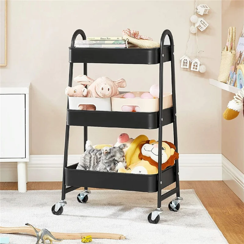 3-stufiger A-förmiger Rollwagen aus Kohlenstoffstahl, Küchenregal, bewegliches Ablagefach mit Rädern - Schwarz