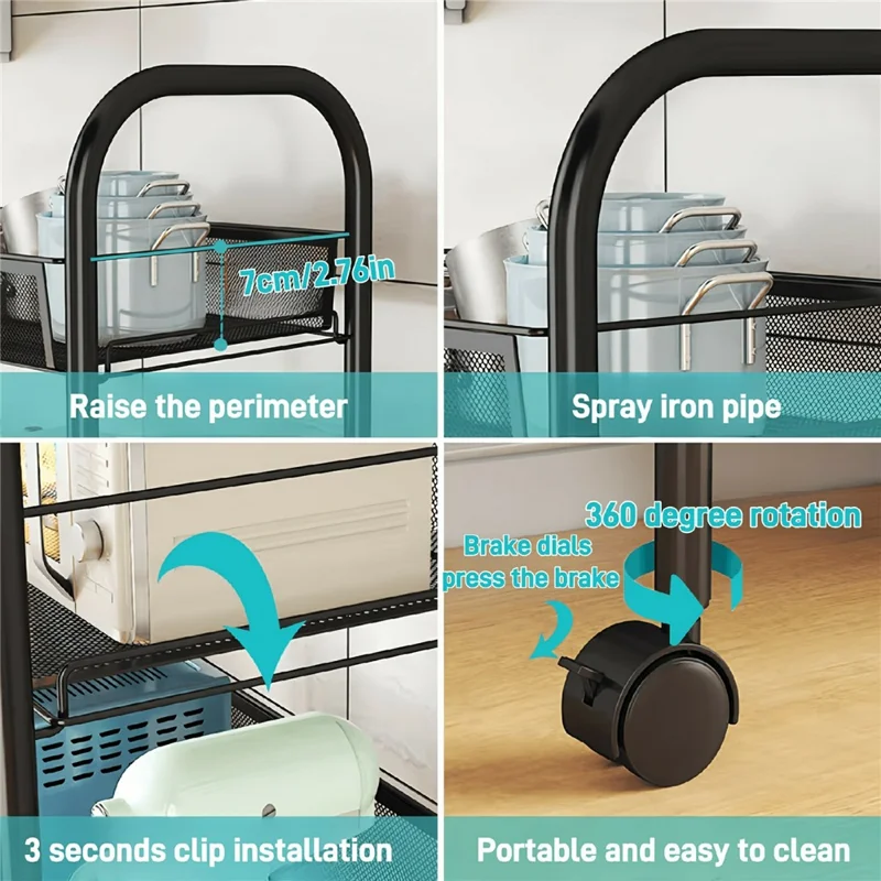 4-stufiger Rollwagen Küchenregal Schmales Aufbewahrungsregal mit Rollen für Zuhause, Bad, Wäscherei – Schwarz