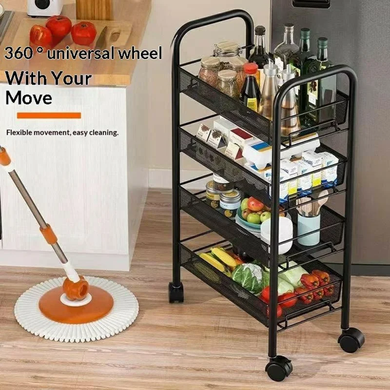 4-stufiger Rollwagen Küchenregal Schmales Aufbewahrungsregal mit Rollen für Zuhause, Bad, Wäscherei – Schwarz