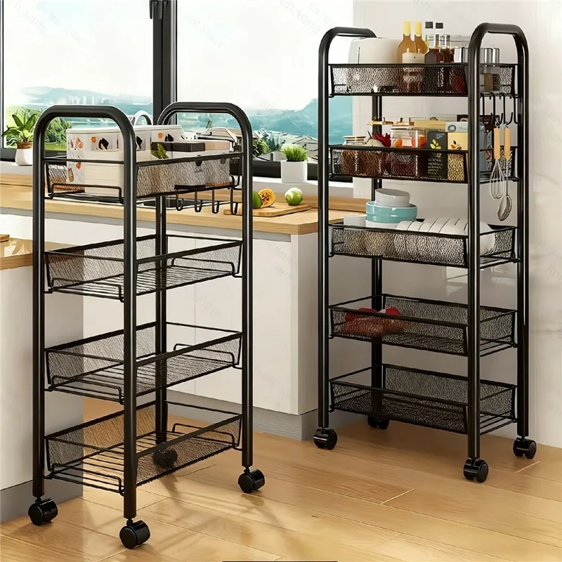 4-stufiger Rollwagen Küchenregal Schmales Aufbewahrungsregal mit Rollen für Zuhause, Bad, Wäscherei – Schwarz