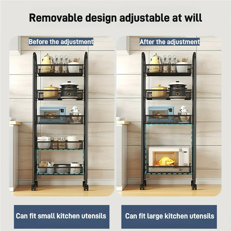 5-trins rullebar køkkenopbevaringsstativ, smalt organiseringsstativ med hjul til hjem, badeværelse, vaskeri - Sort