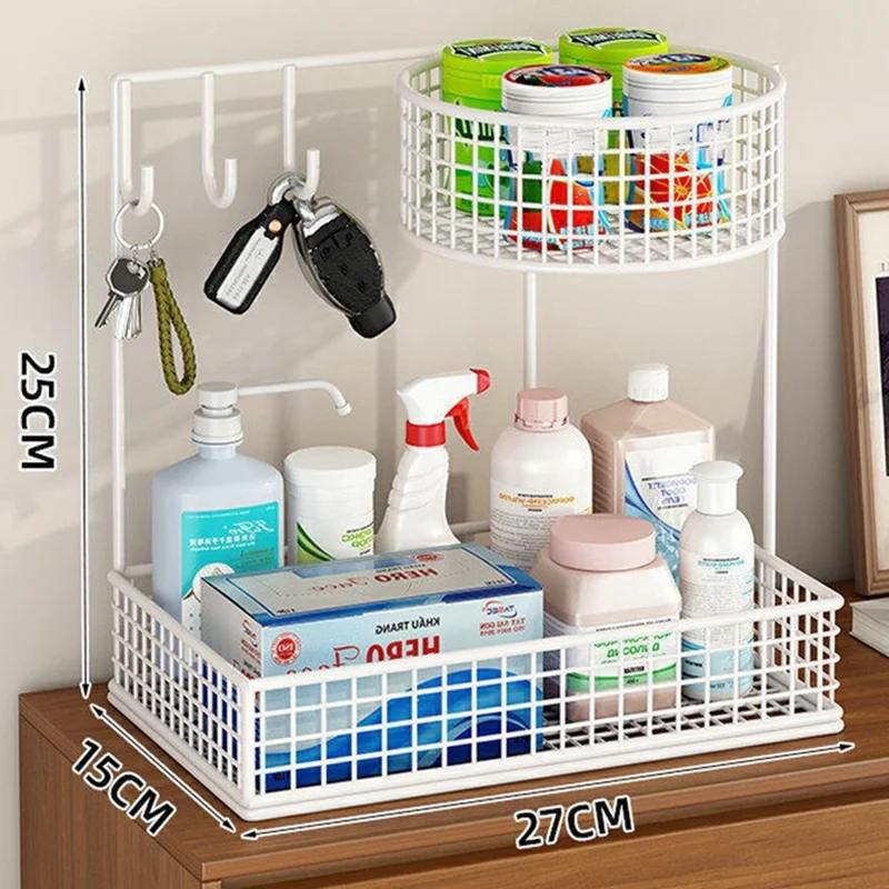 27 x 15 x 25cm Key Organizer for Entryway Table Top Storage Rack Iron Mesh Double Layer Basket with Hooks - White