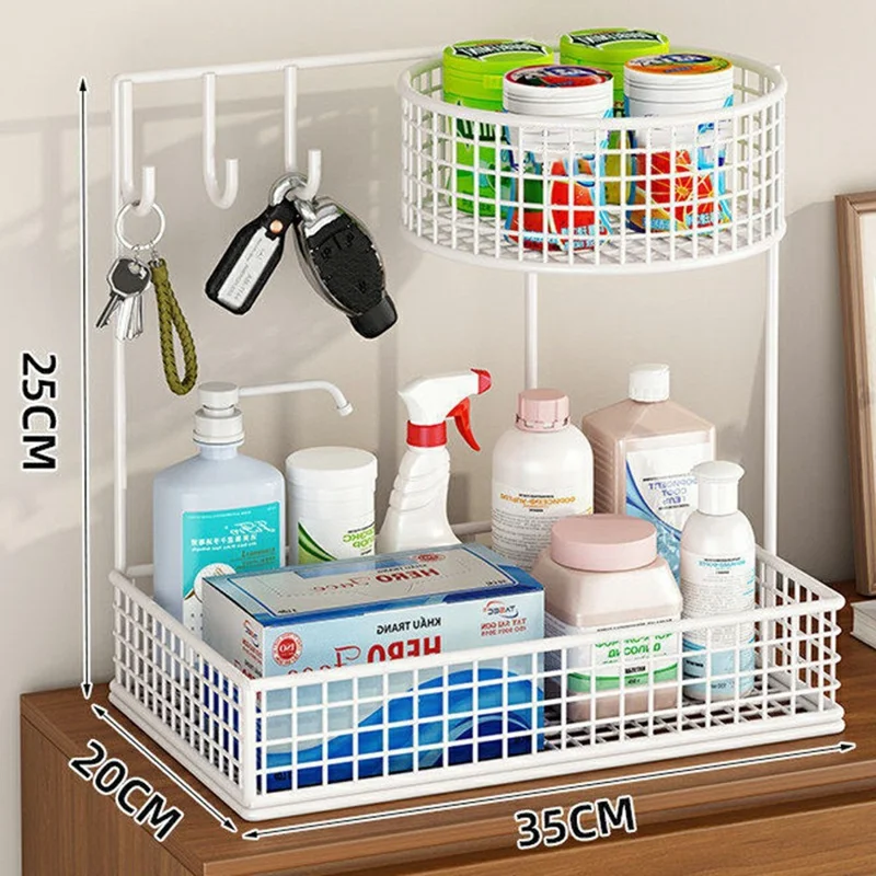 35 x 20 x 25cm Key Organizer for Entryway Table Top Storage Rack Iron Mesh Double Layer Basket with Hooks - White