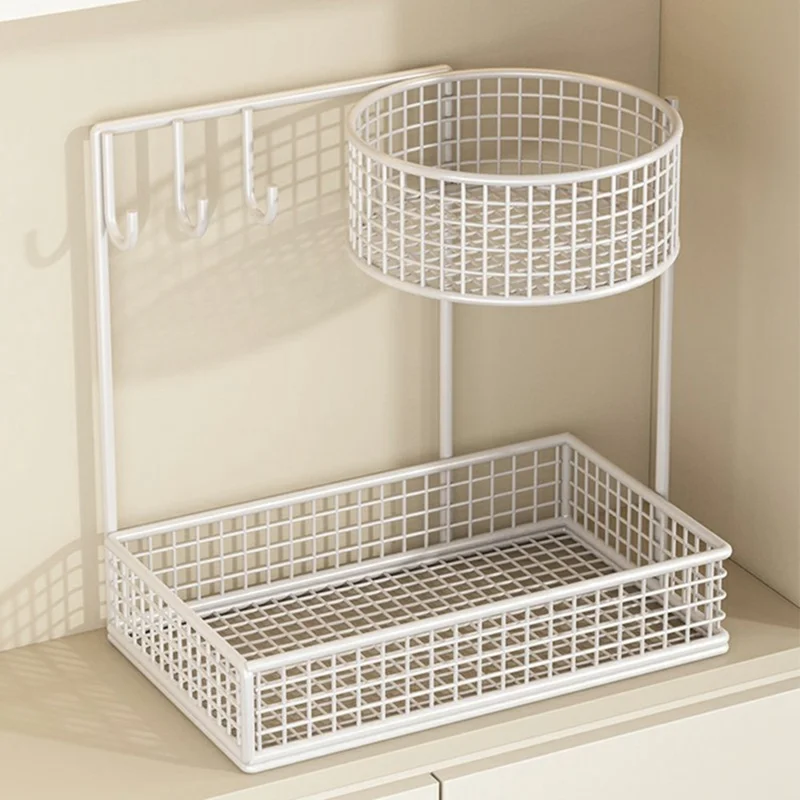 35 x 20 x 25cm Key Organizer for Entryway Table Top Storage Rack Iron Mesh Double Layer Basket with Hooks - White