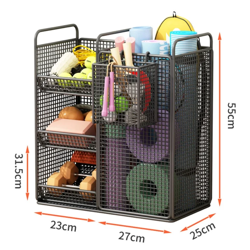 50 x 25 x 55cm Storage Rack with Side Basket Yoga Mat Organizer Exercise Equipment Container Holder - Black